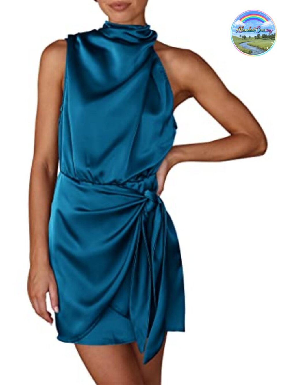 Satin Sleeveless Mock Neck Tie Waist Mini Dress Short Cocktail